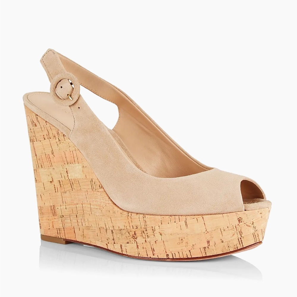 Veronica Beard Dali Beige Sand Tan Suede Peep-Toe Wedges Sandals Shoes